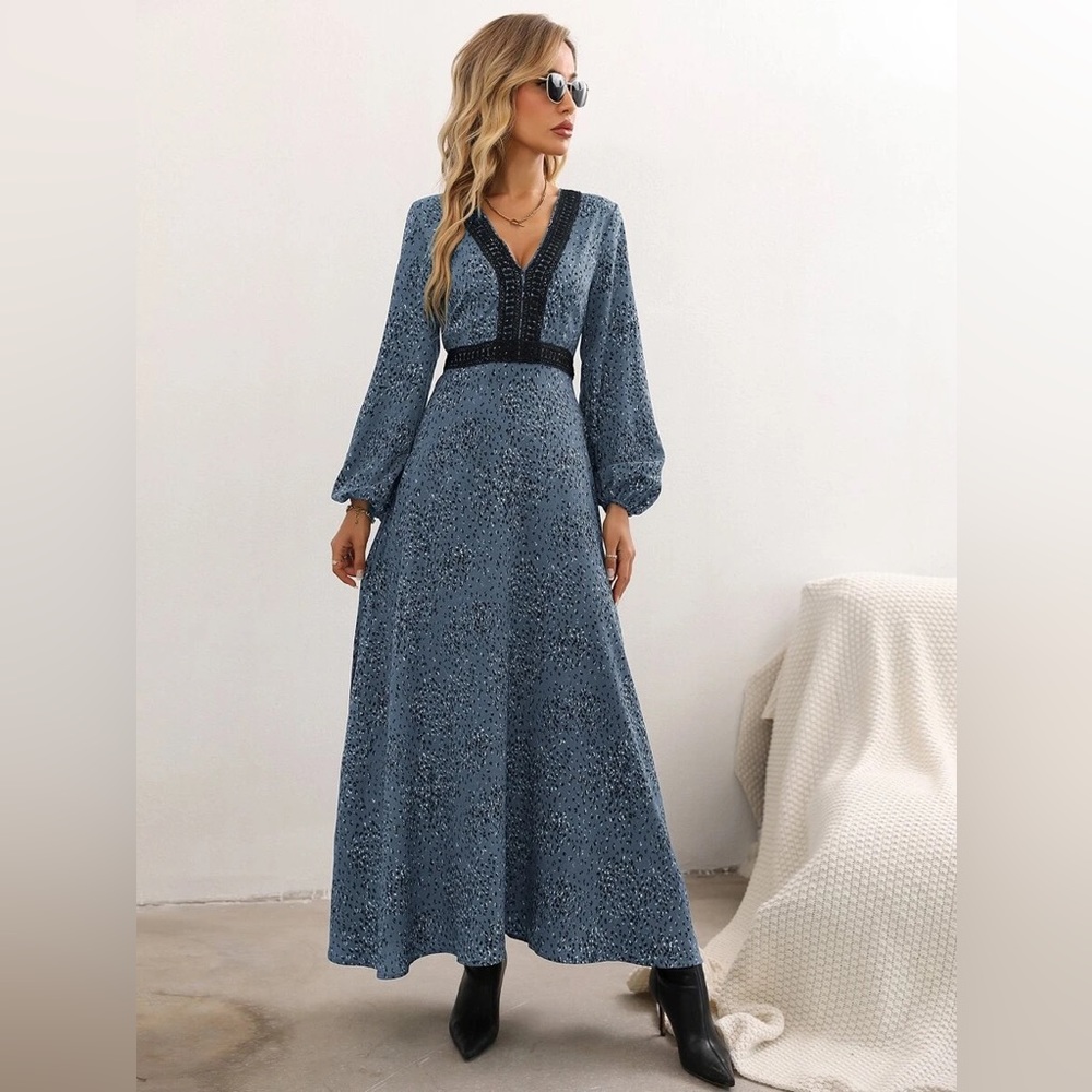 Blue Dalmatian Print Guipure Lace Insert Lantern Sleeve Maxi Dress 💃 👗
